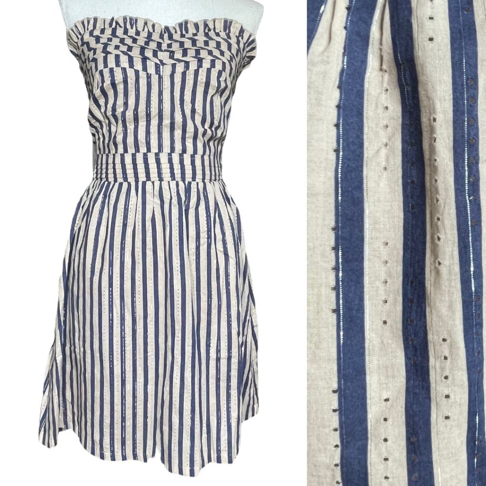 Striped Sweetheart Strapless Dress M Cotton Metallic Smocked Tube Pleated Bust